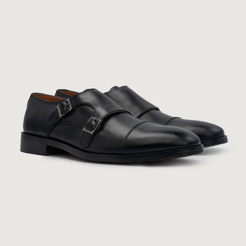 Boston Double Monk Strap Svartur Leather Shoes fyrir karla