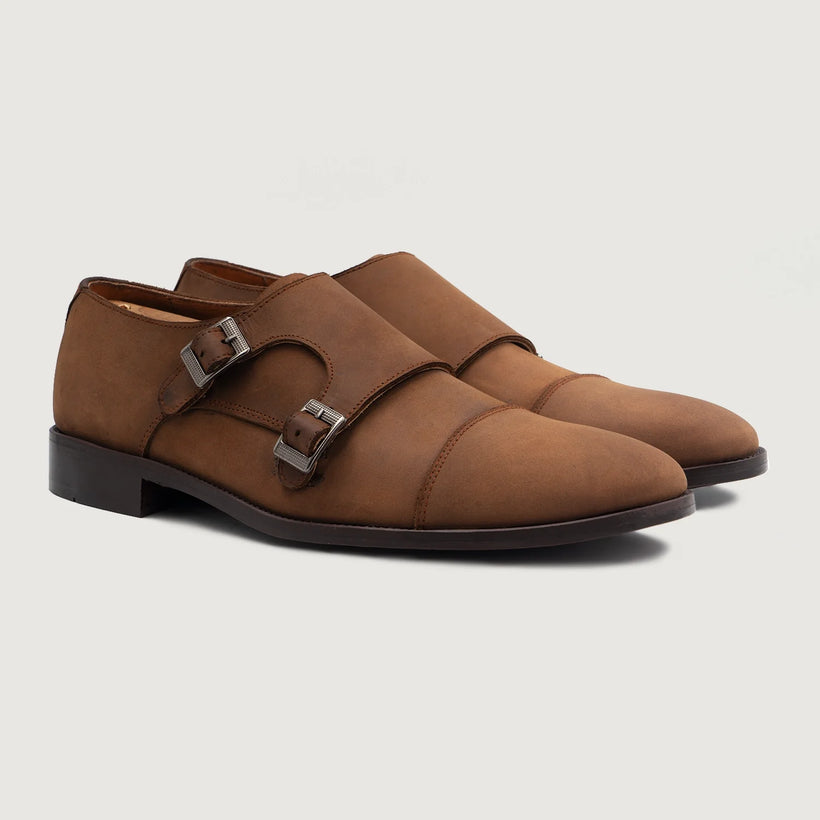 Boston Double Monk Strap Oil Pull-up Brúnn Leather Shoes fyrir karla