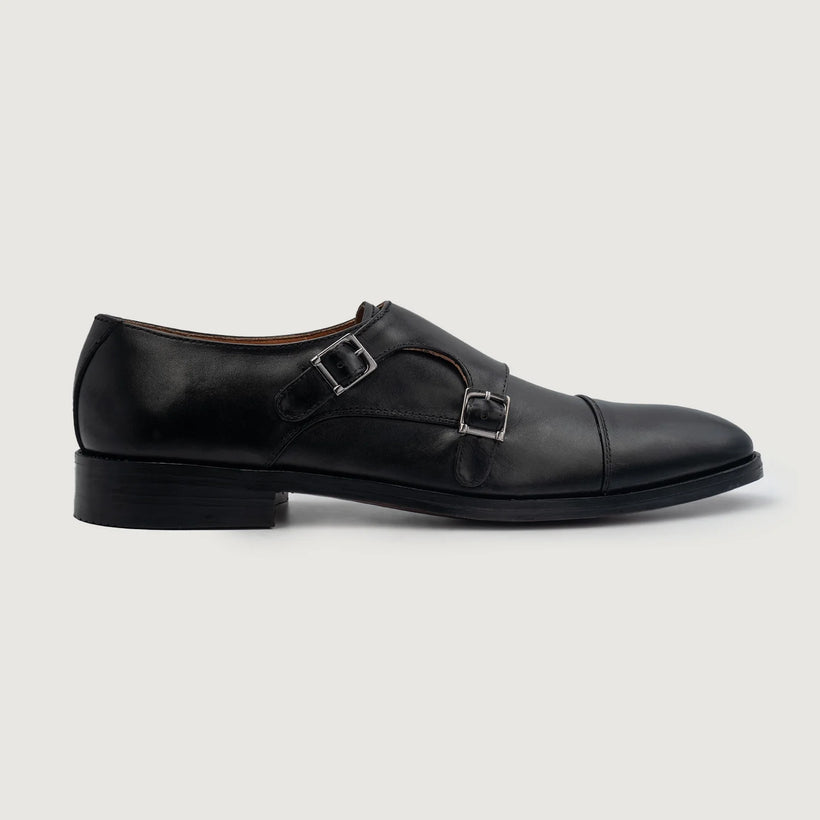 Boston Double Monk Strap Svartur Leather Shoes fyrir karla
