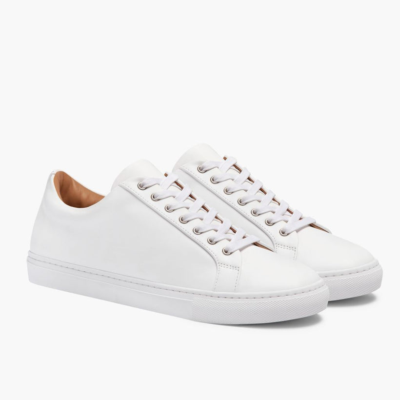 Premier Low Top White Leather Sneakers For Men in White Full-Grain Leather - Lateral Side Profile View | Buy Online