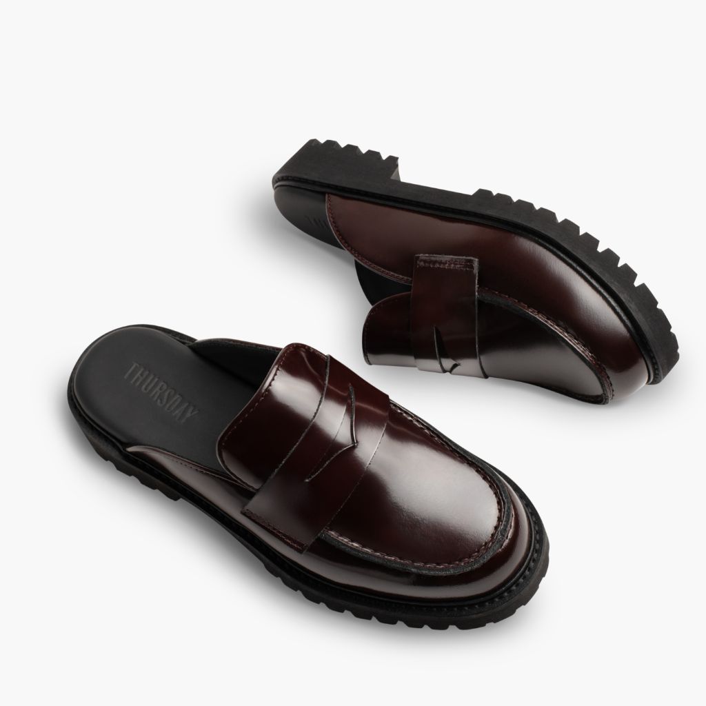 High-Traction Rubber Outsole & Lug Tread Pattern on Penny Mule Búrgúndí Leðurstígvél fyrir Konur