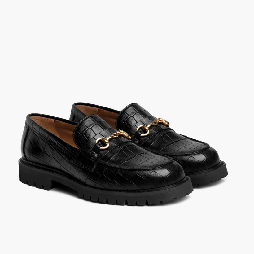 Penny Svartur & Gold Croco Leather Loafers fyrir konur