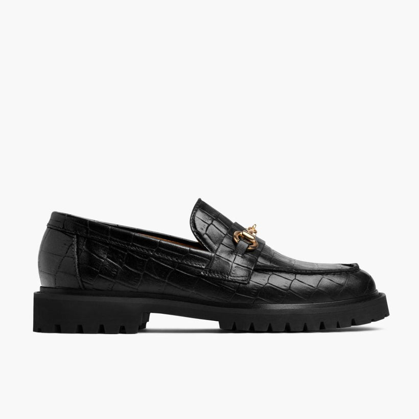 Penny Svartur & Gold Croco Leather Loafers fyrir konur