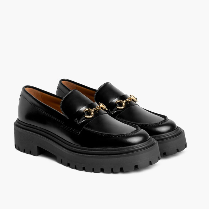 Penny Platform Svartur & Gold Leather Loafers fyrir konur