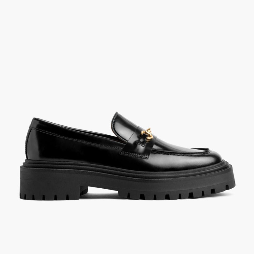 Penny Platform Svartur & Gold Leather Loafers fyrir konur