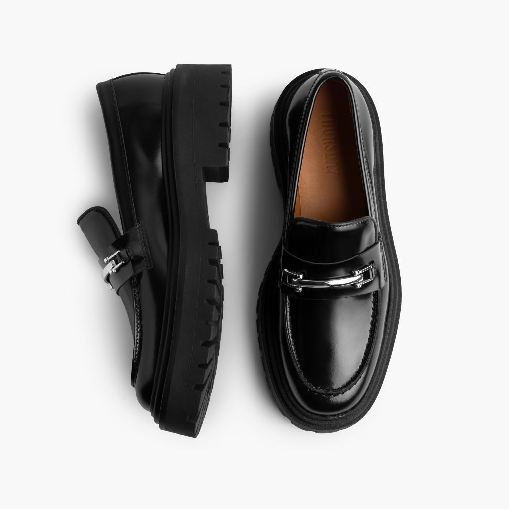 Penny Platform Svartur & Silver Leður lágskór fyrir Konur - Styrktur hæll og tvöfaldir saumar