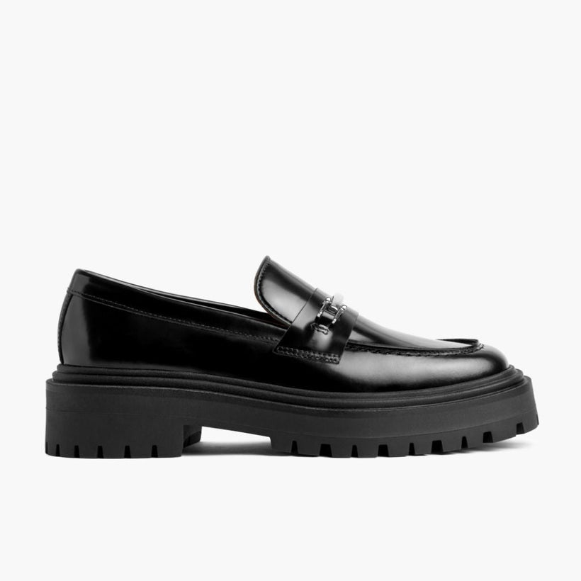 Penny Platform Svartur & Silver Leather Loafers fyrir konur