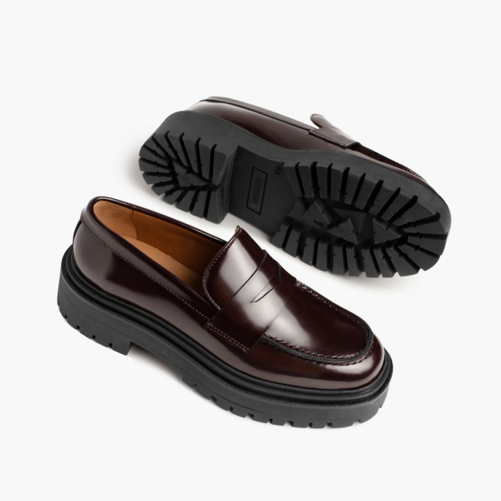 High-Traction Rubber Outsole & Lug Tread Pattern on Penny Platform Búrgúndí Leðurstígvél fyrir Konur