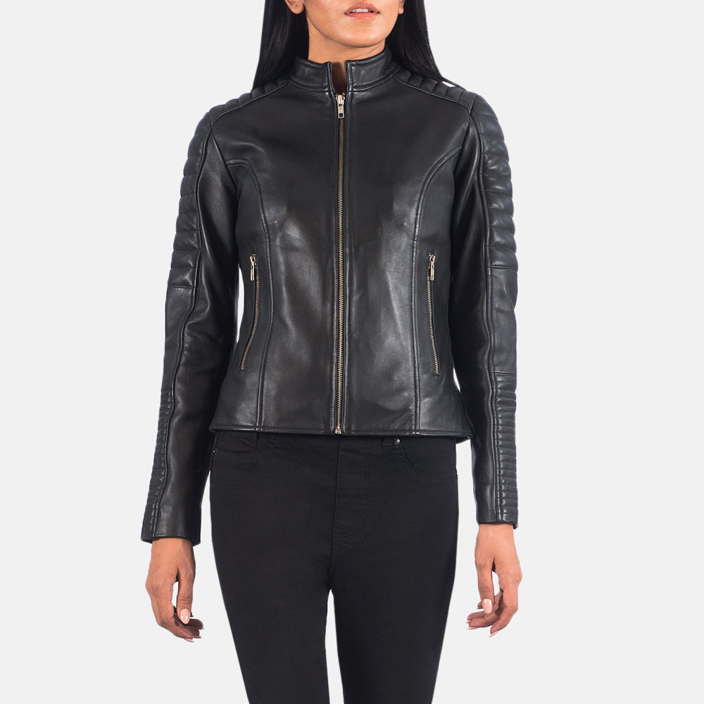 
Black Sheepskin Leather Biker Jacket - Að aftan með nákvæmri axlasniði og hreinum fald