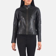 
Black Sheepskin Leather Biker Jacket - Að aftan með nákvæmri axlasniði og hreinum fald