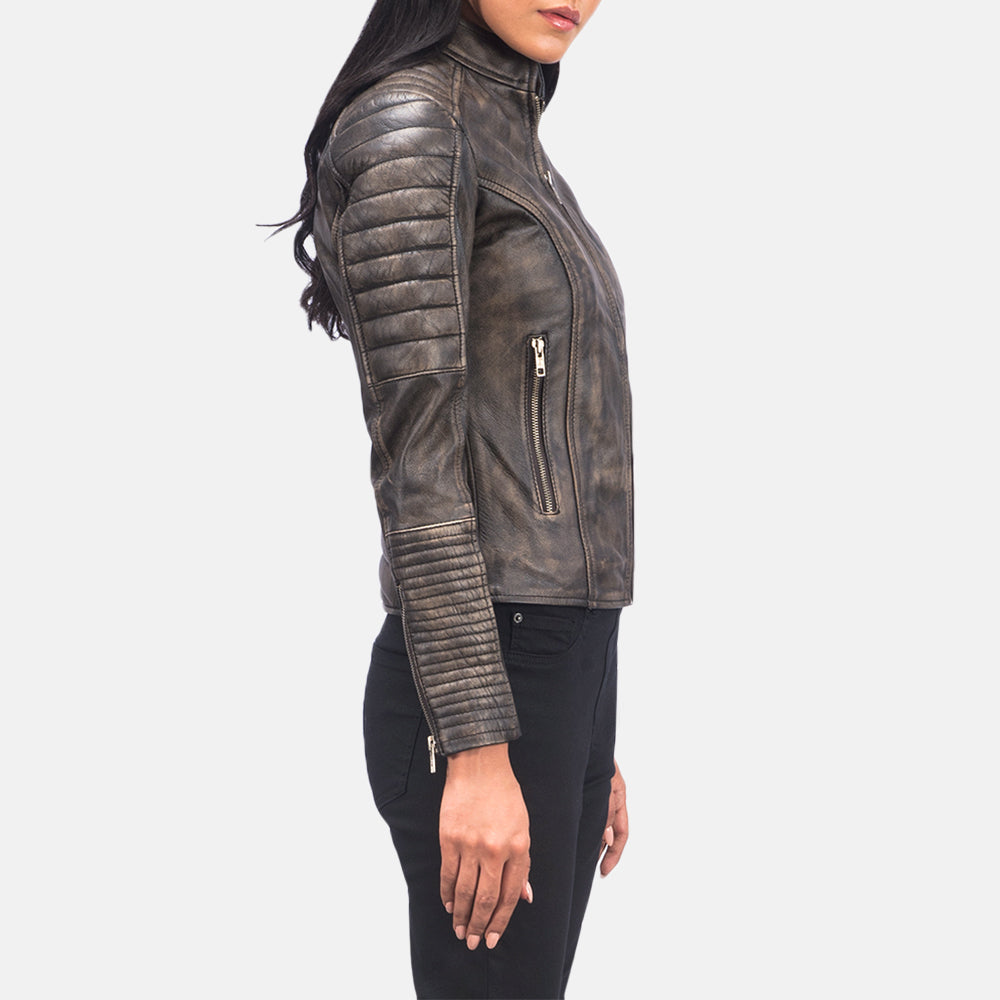 
Distressed Brown Goatskin Leather Biker Jacket - Að aftan með nákvæmri axlasniði og hreinum fald