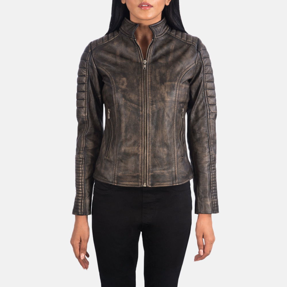 
Nærmynd of Band & Zipper Hardware on Adalyn Rimlaskorinn Distressed Brúnn Mótorhjólajakki úr Leðri fyrir Konur