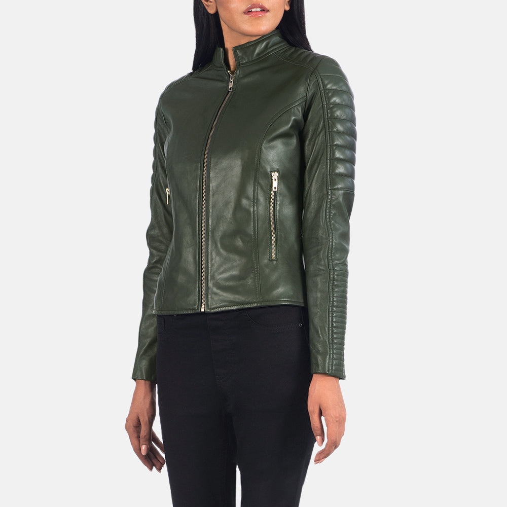 Close-Up Detail of Band & Zipper Hardware on Women's Adalyn Quilted Green Leather Biker Jacket