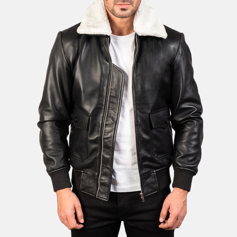
Airin G-1 Black & White Leather Bomber Jacket in Black Sheepskin Leather - Að framan með sniðinni hönnun | Kaupa á netinu