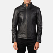 Men's Alex Black Leather Biker Jacket - Lateral Side Profile View Showing Sleeve Cut &amp; Athletic Taper Fit