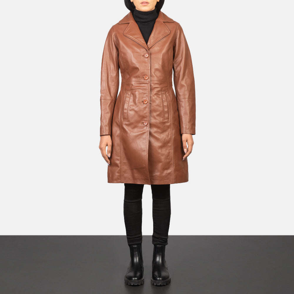 Women's Alexis Brown Single Breasted Leather Coat - Lateral Side Profile View Showing Sleeve Cut &amp; Athletic Taper Fit