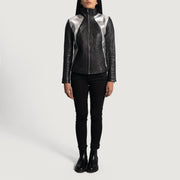 
Nærmynd of High Neck & Zipper Hardware on Alia Metallic Svartur Mótorhjólajakki úr Leðri fyrir Konur