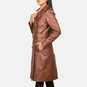 Close-Up Detail of Notch &amp; Buttons Hardware on Women's Alice Brown Double Breasted Leather Coat