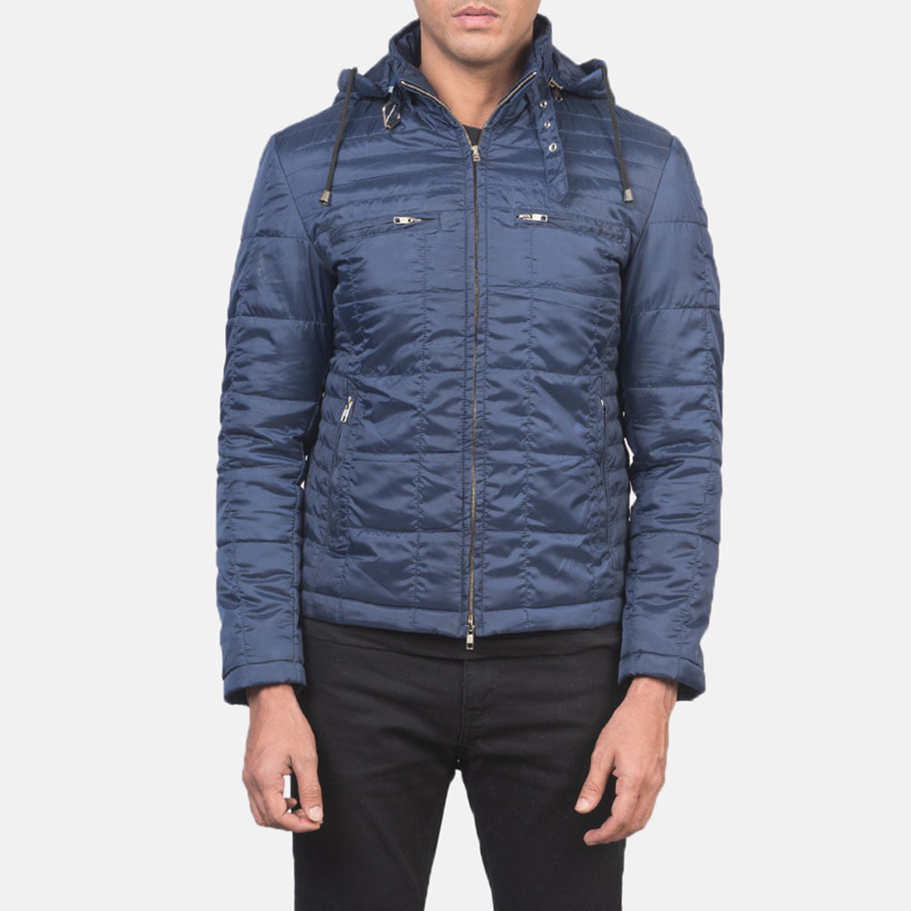 Men's Alps Quilted Blue Windbreaker Jacket - Lateral Side Profile View Showing Sleeve Cut & Athletic Taper Fit