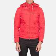 Close-Up Detail of High neck with Belt &amp; Zipper Hardware on Men's Alps Quilted Red Windbreaker Jacket