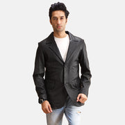 Alyson Black Leather Blazer in Black Sheepskin Leather - Front Profile View &amp; Tailored Silhouette | Buy Online