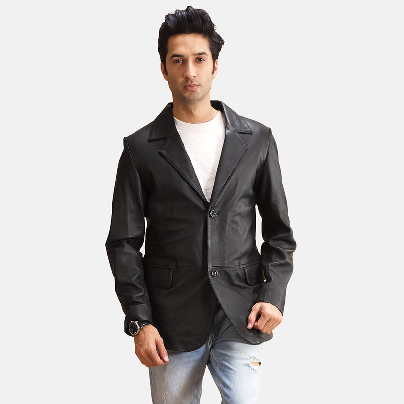 Alyson Svartur Leather Blazer fyrir karla