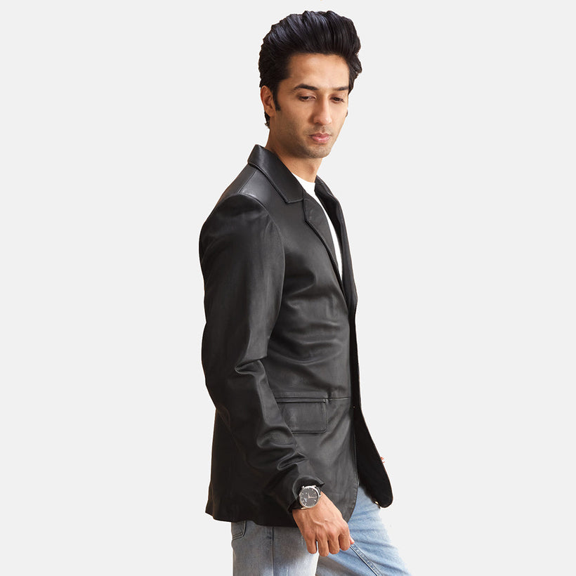 Alyson Svartur Leather Blazer fyrir karla