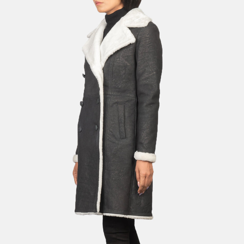 Amie Svartur Double-Breasted Shearling Coat fyrir konur