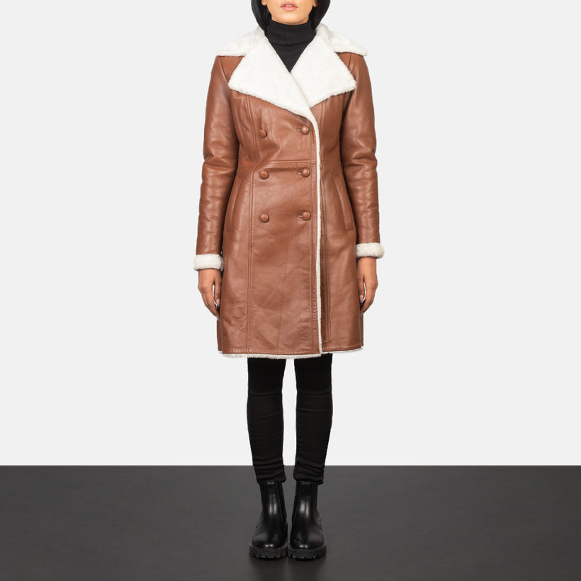 Amie Brúnn Double-Breasted Shearling Coat fyrir konur