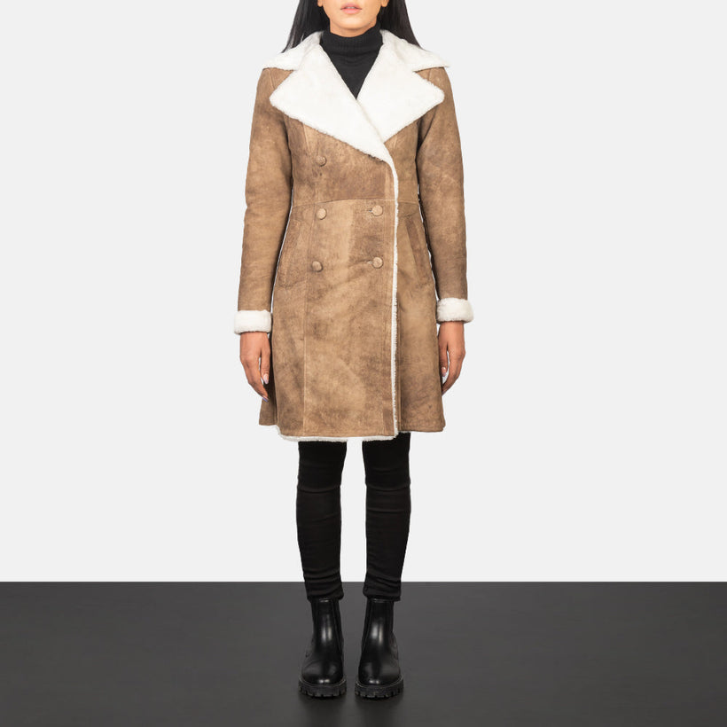 Amie Distressed Brúnn Double-Breasted Shearling Coat fyrir konur
