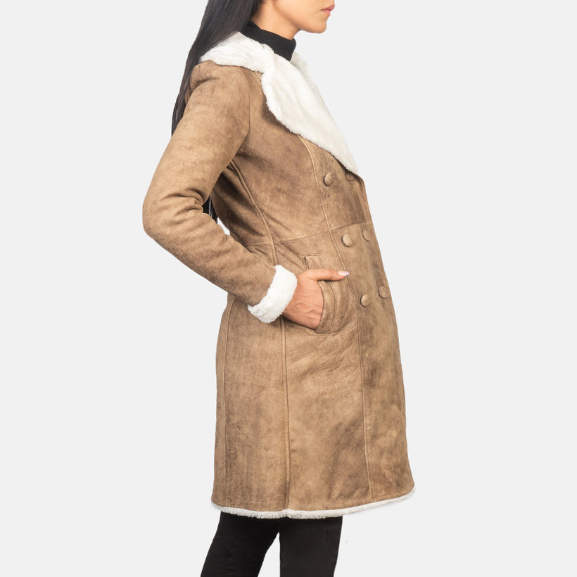Amie Distressed Brúnn Double-Breasted Shearling Coat fyrir konur