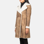 
Nærmynd of Notch & Leather Buttons Hardware on Amie Distressed Brown Double Breasted Shearling Coat