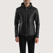 
Andy Matte Svartur Hooded Leðurjakki fyrir Karla in Matte Black Sheepskin Leather - Að framan með sniðinni hönnun | Kaupa á netinu