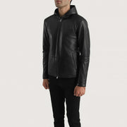 
Matte Black Sheepskin Leather Hooded Jacket - Að aftan með nákvæmri axlasniði og hreinum fald
