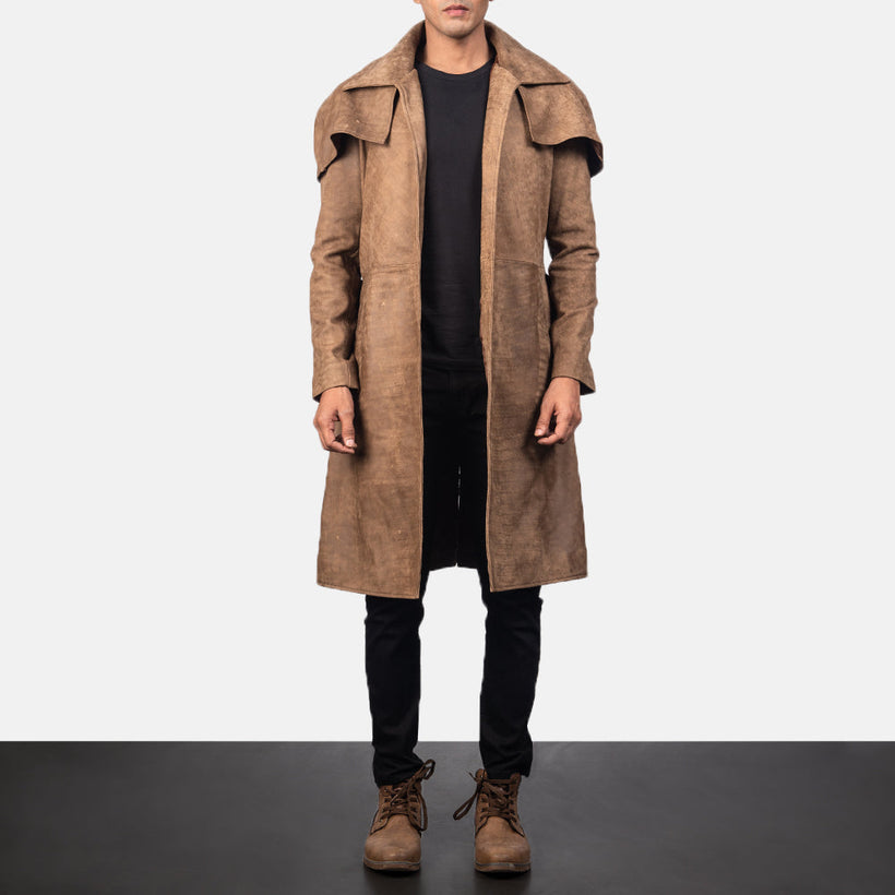 Army Brúnn Leather Duster fyrir karla