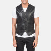 Close-Up Detail of Classic Collar &amp; 5 Button Hardware on Men's Auden Black Leather Vest