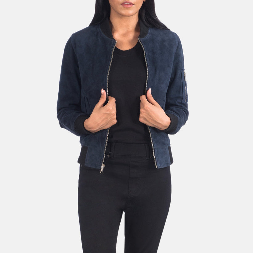 Ava MA-1 Blue Suede Bomber jakki úr leðri fyrir konur