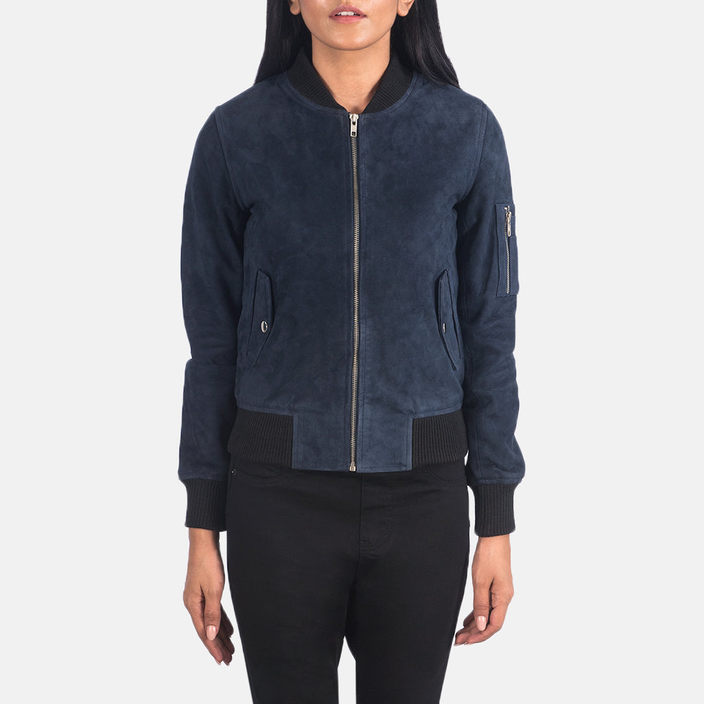 Close-Up Detail of Rib Knit &amp; Zipper Hardware on Women's Ava Ma-1 Blue Suede Bomber Jacket