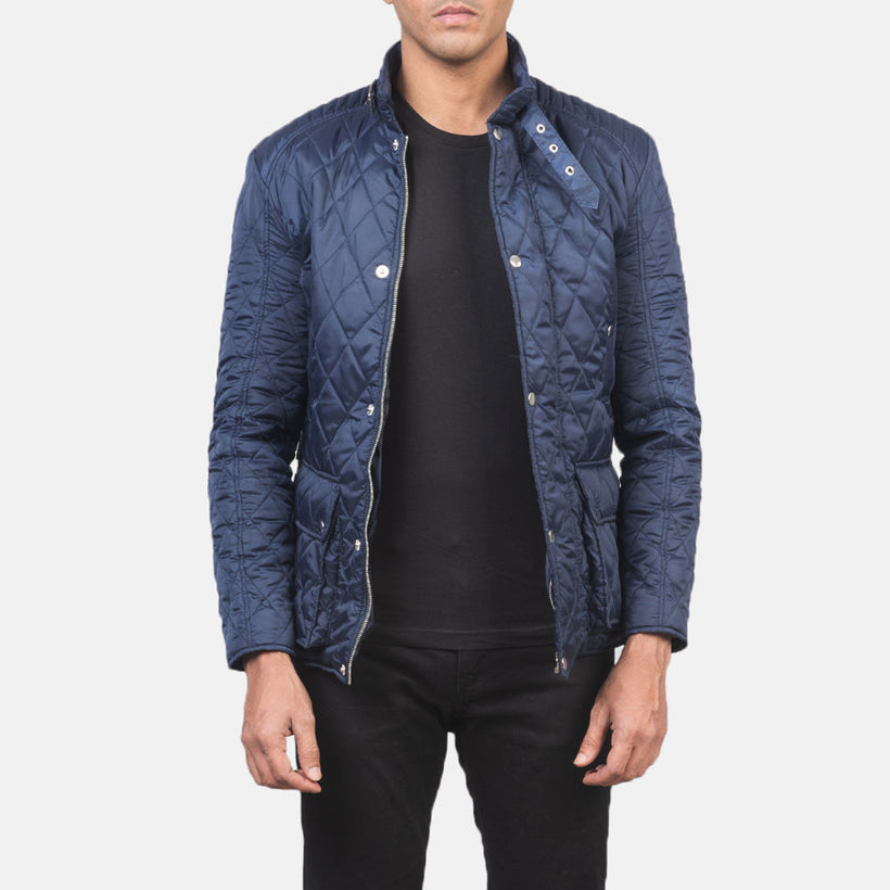 Barry Quilted Blue Windbreaker Leðurjakki fyrir karla