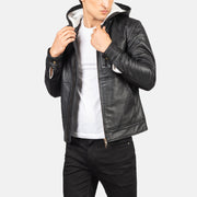 
Baston Black Hooded Leather Bomber Jacket in Black Sheepskin Leather - Að framan með sniðinni hönnun | Kaupa á netinu
