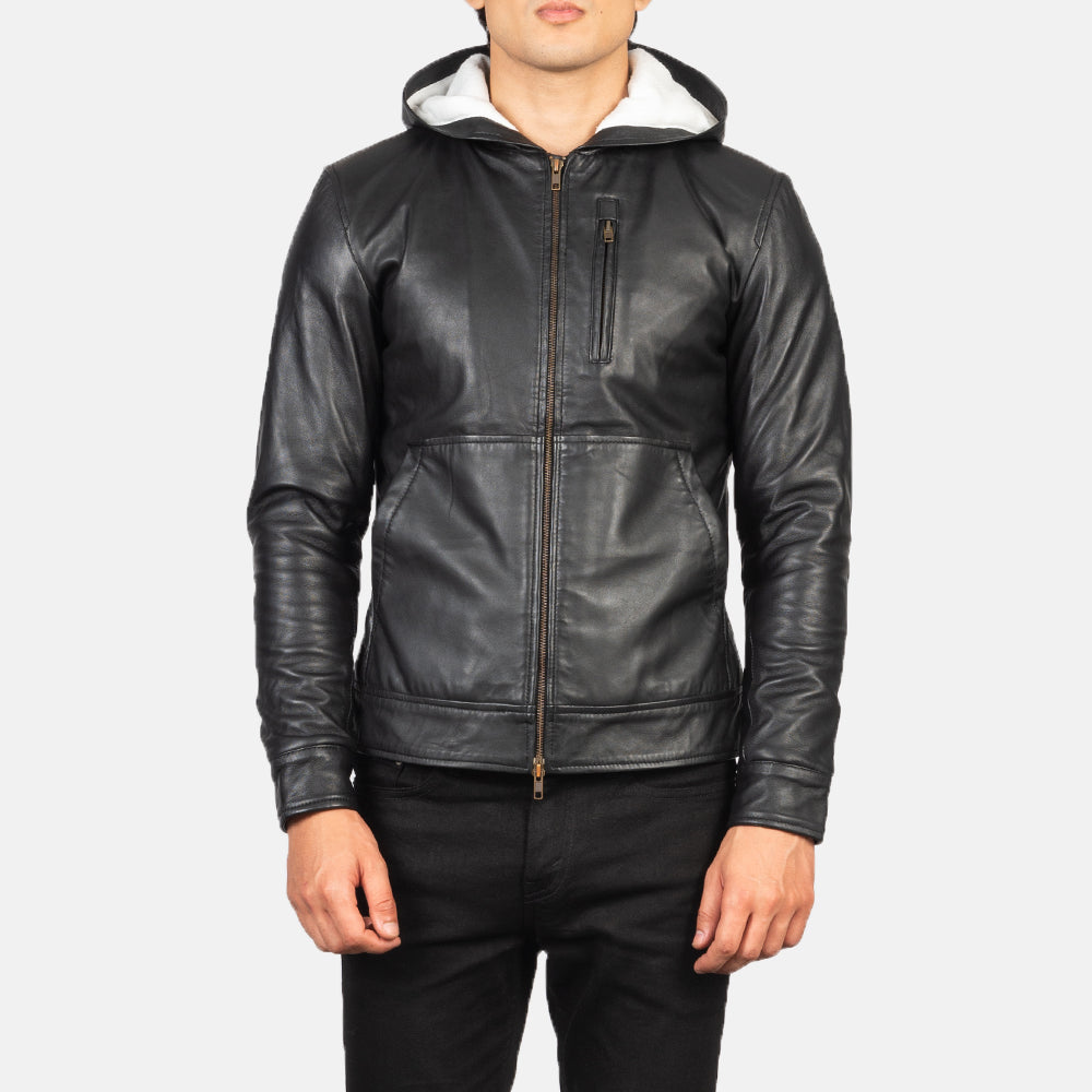 
Nærmynd of Hooded & Zipper Hardware on Baston Black Hooded Leather Bomber Jacket