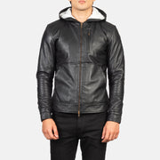 
Nærmynd of Hooded & Zipper Hardware on Baston Black Hooded Leather Bomber Jacket