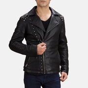 
Svartur með Nöglum Mótorhjólajakki úr Leðri fyrir Karla in Black Sheepskin Leather - Að framan með sniðinni hönnun | Kaupa á netinu