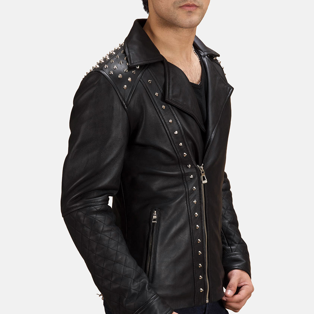 
Black Sheepskin Leather Biker Jacket - Að aftan með nákvæmri axlasniði og hreinum fald