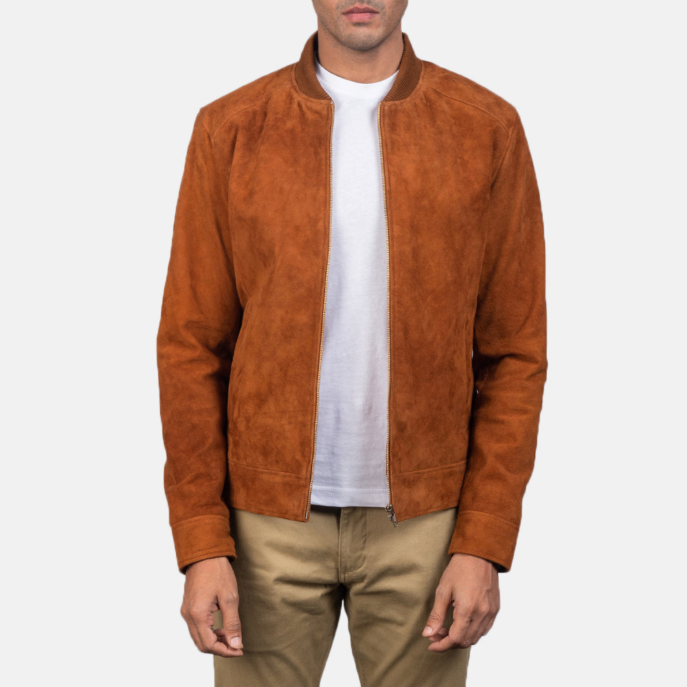 
Snap Button & Hem Craftsmanship Construction Detail on Blain Brown Suede Bomber Jacket