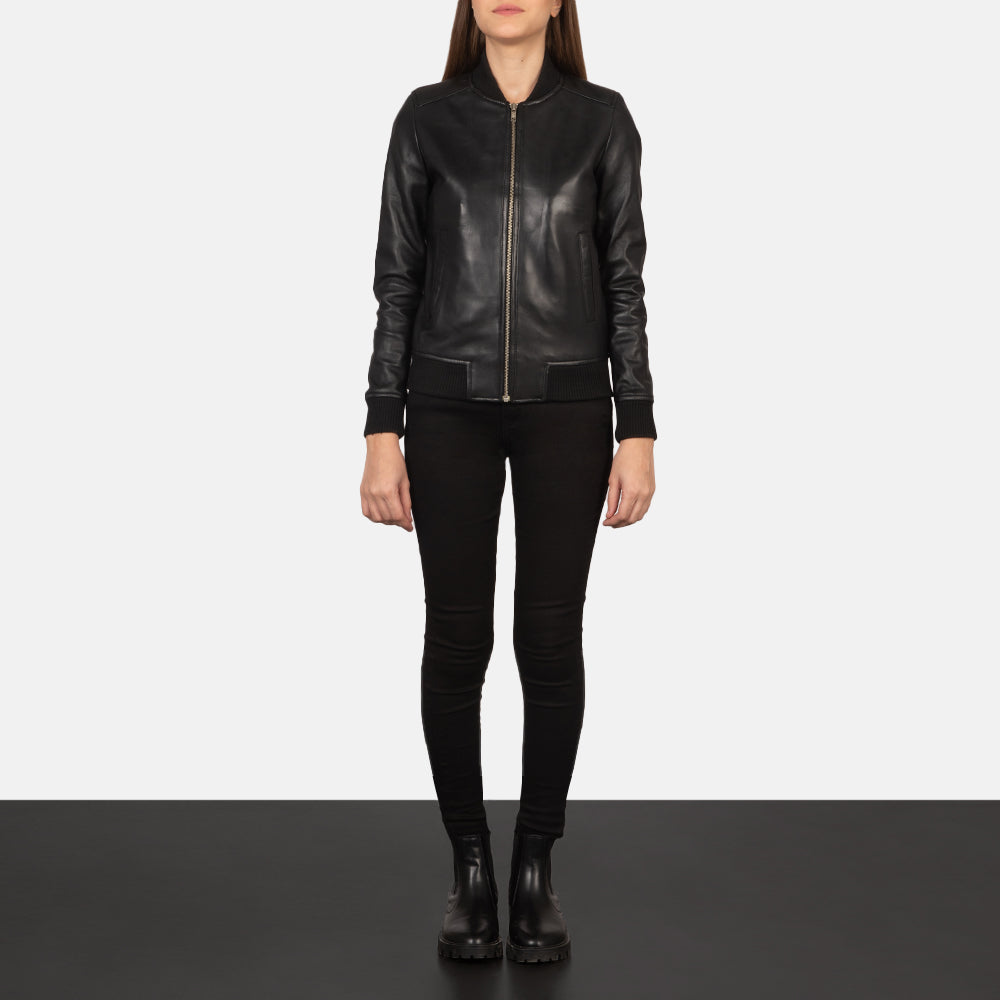 Women's Bliss Black Leather Bomber Jacket - Lateral Side Profile View Showing Sleeve Cut &amp; Athletic Taper Fit