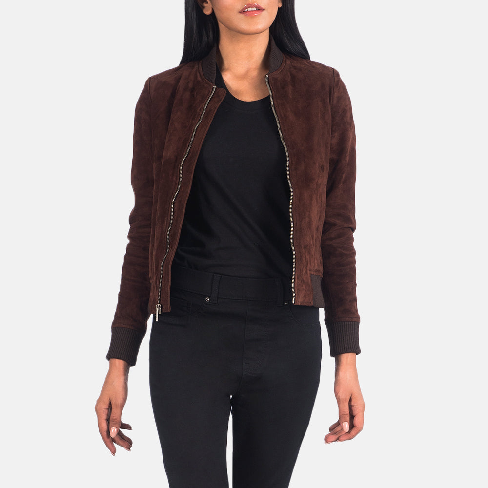 Bliss Brúnn Suede Bomber jakki úr leðri fyrir konur in Brown Goatskin Suede - Front Profile View &amp; Tailored Silhouette | Buy Online