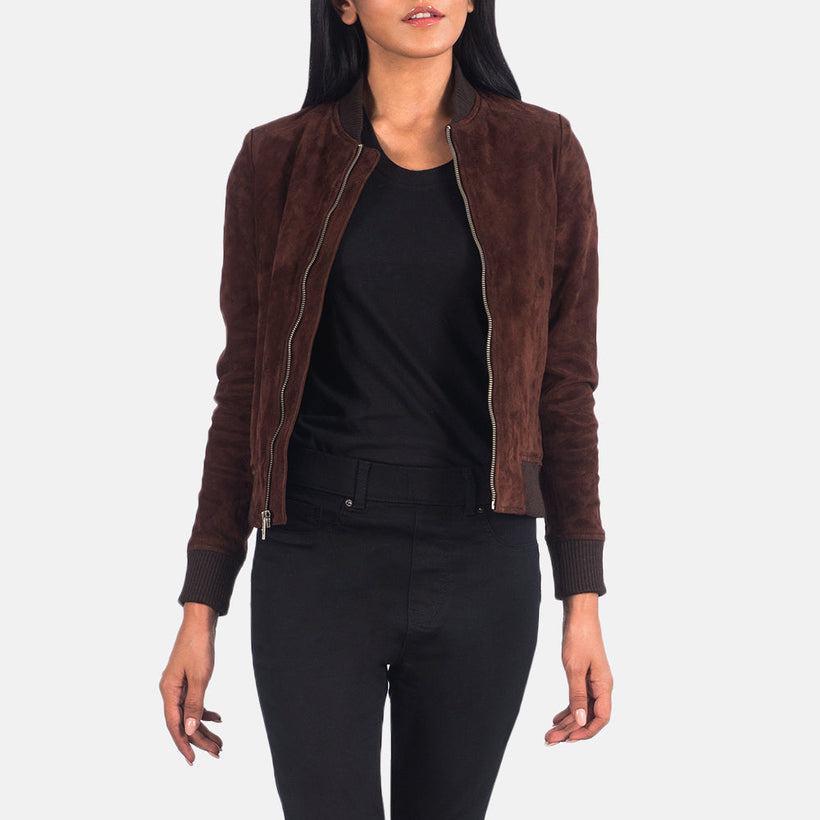 Bliss Brúnn Suede Bomber jakki úr leðri fyrir konur