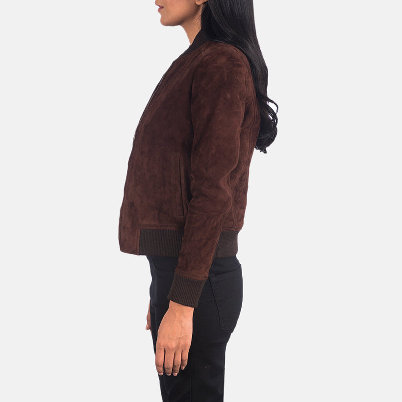 Bliss Brúnn Suede Bomber jakki úr leðri fyrir konur