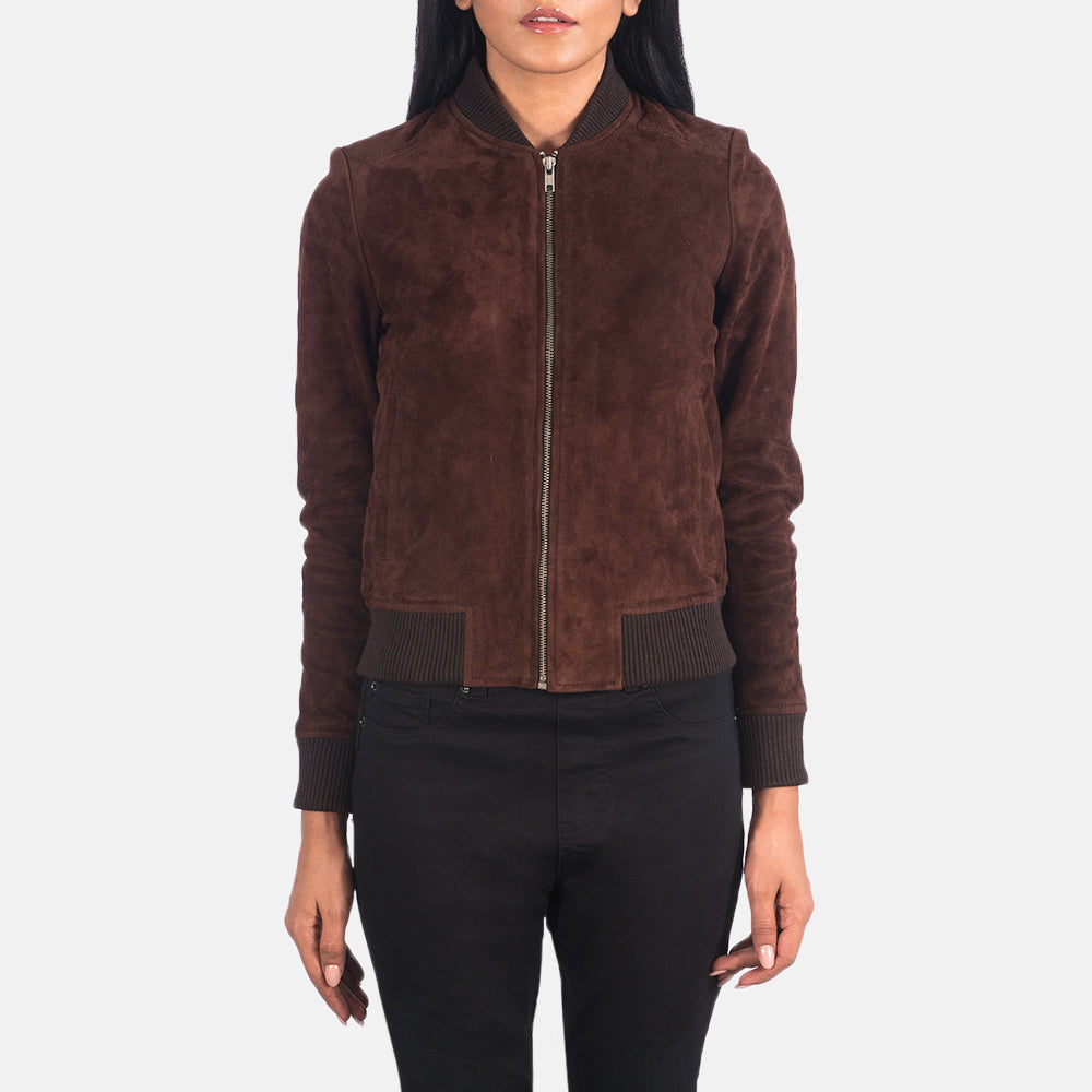 Close-Up Detail of Varsity - Rib Knit &amp; Zipper with Wind Flap Hardware on Bliss Brúnn Suede Bomber jakki úr leðri fyrir konur